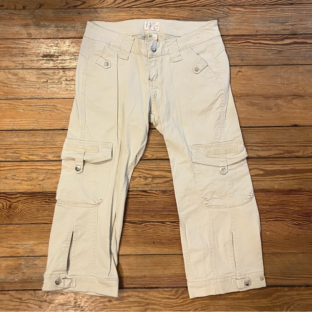 LogIn Tan Cargo Capris with Bejeweled Buttons | Size M Juniors Y2K